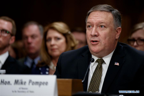 File photo taken on April 12, 2018 shows that Mike Pompeo testifies before the Senate Foreign Relations Committee for his nomination to become the secretary of state on the Capitol Hill in Washington D.C., the United States. (Xinhua/Ting Shen)